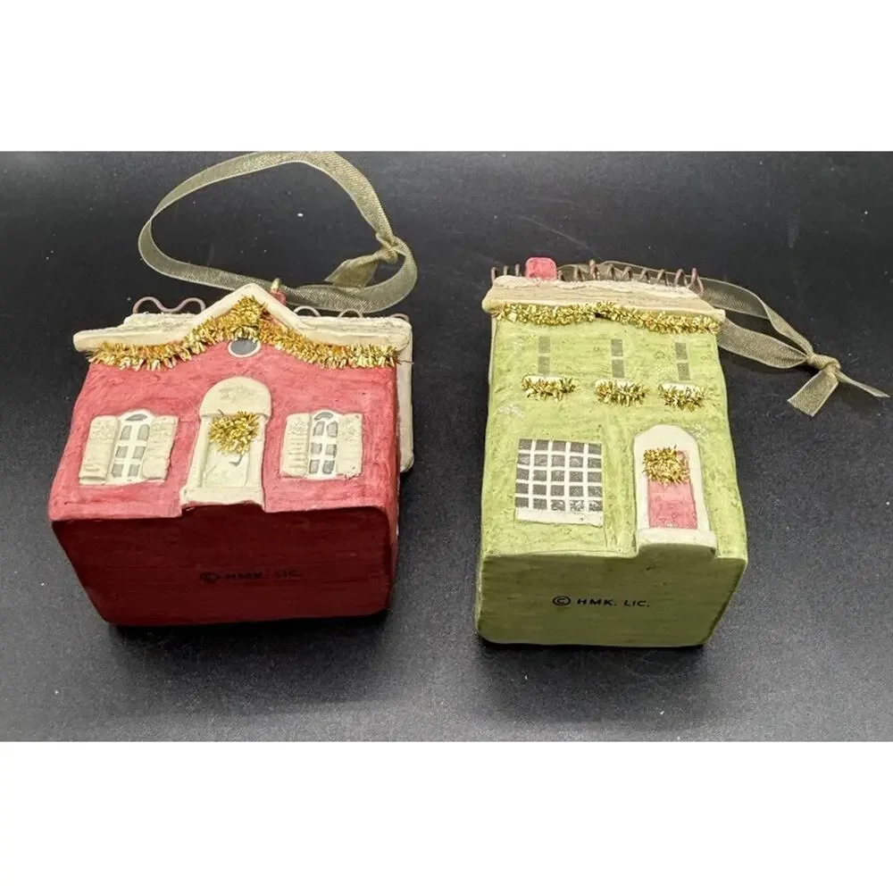 Vtg Lot Of 2 Hallmark Old Town Village Homes Ceramic Christmas Ornaments -LO24